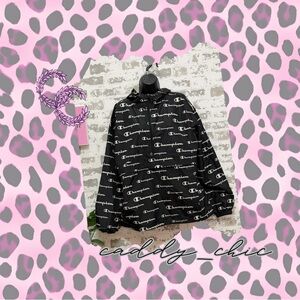 Champion Black Half Zip Hooded Raincoat Size L – Allover Logo Print EUC